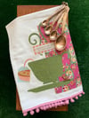 Flour Sack Towel, Green Stenciled Tea Cup With Pink Fabric