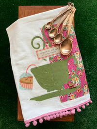 Image 1 of Flour Sack Towel, Green Stenciled Tea Cup With Pink Fabric