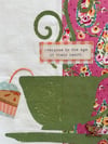 Flour Sack Towel, Green Stenciled Tea Cup With Pink Fabric