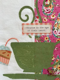 Image 2 of Flour Sack Towel, Green Stenciled Tea Cup With Pink Fabric