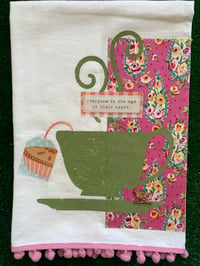Image 3 of Flour Sack Towel, Green Stenciled Tea Cup With Pink Fabric