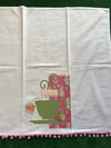 Flour Sack Towel, Green Stenciled Tea Cup With Pink Fabric