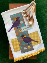 Image 1 of Flour Sack Towel, Purple Bird Stencil with Gray and Gold Fabric
