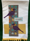 Flour Sack Towel, Purple Bird Stencil with Gray and Gold Fabric