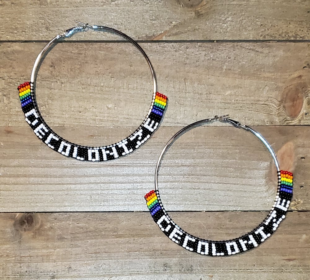 Image of Rainbow DECOLONIZE Beaded Hoop Earrings 