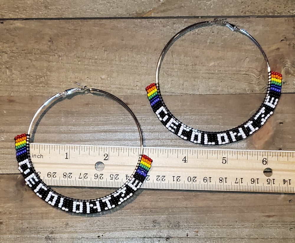 Image of Rainbow DECOLONIZE Beaded Hoop Earrings 