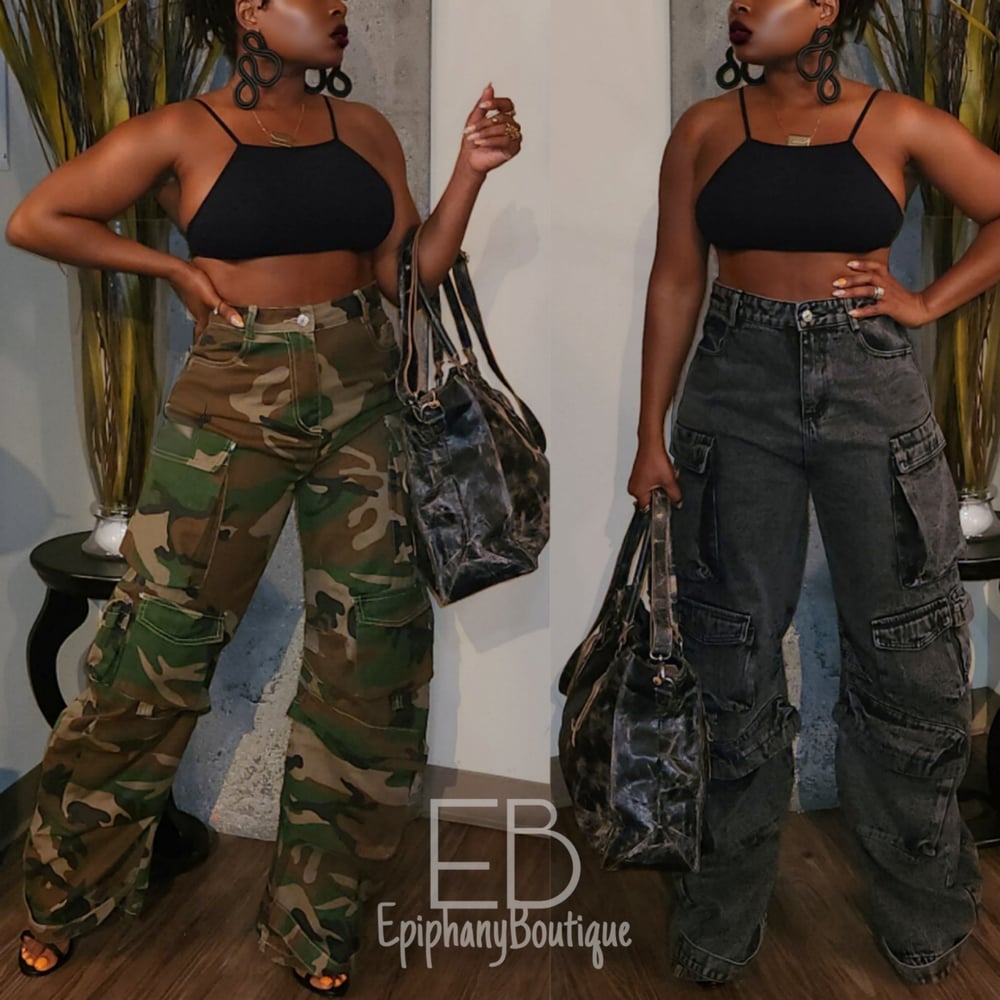 Image of The Bria Cargo Jeans: Camo & Acid Wash