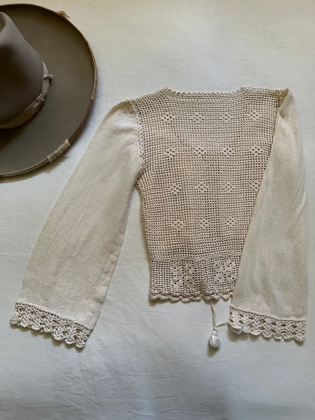 1960s crochet gauze blouse with hand embroidered flowers