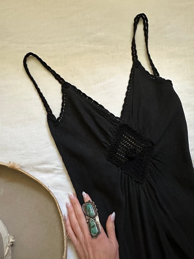 early 70s black gauze and crochet low-back sundress