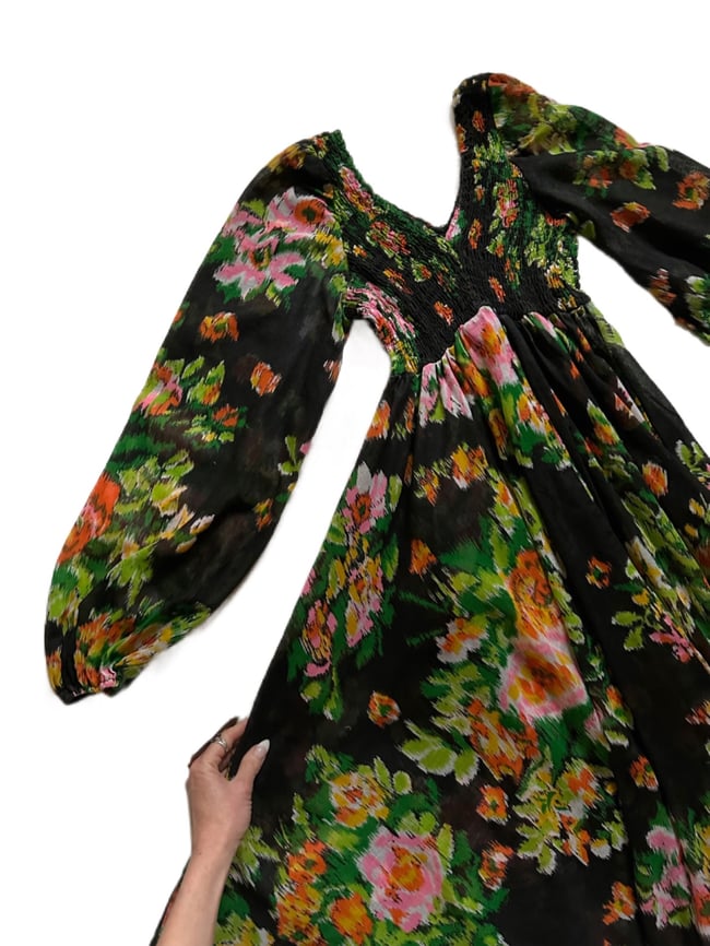 early 70s sheerish voile noir abstract floral bohemian dream dress