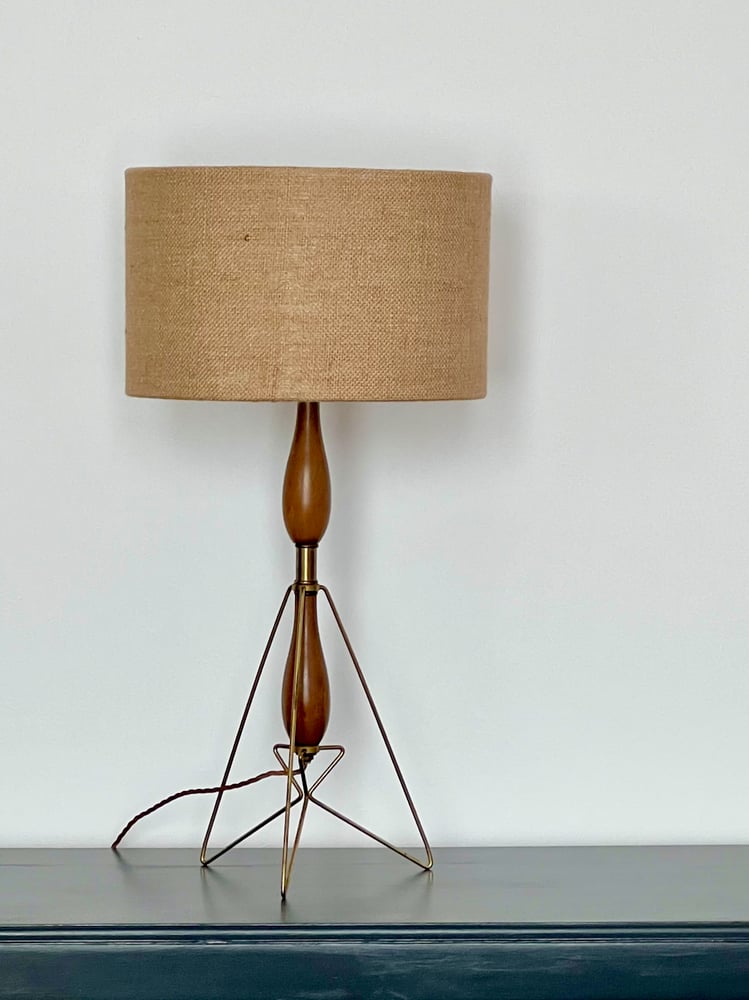 Image of Wood and Brass Tripod Lamp (Reserved)