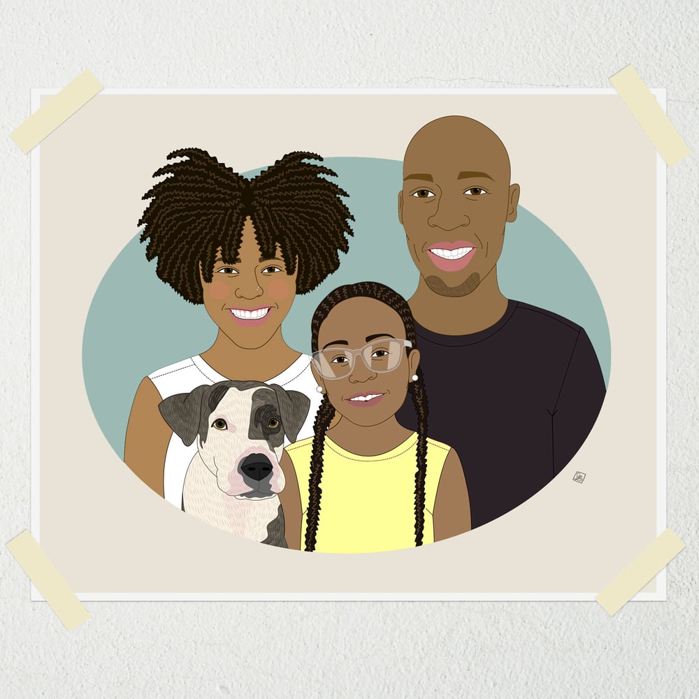 Image of Personalized Family Portrait of 3 people and a pet