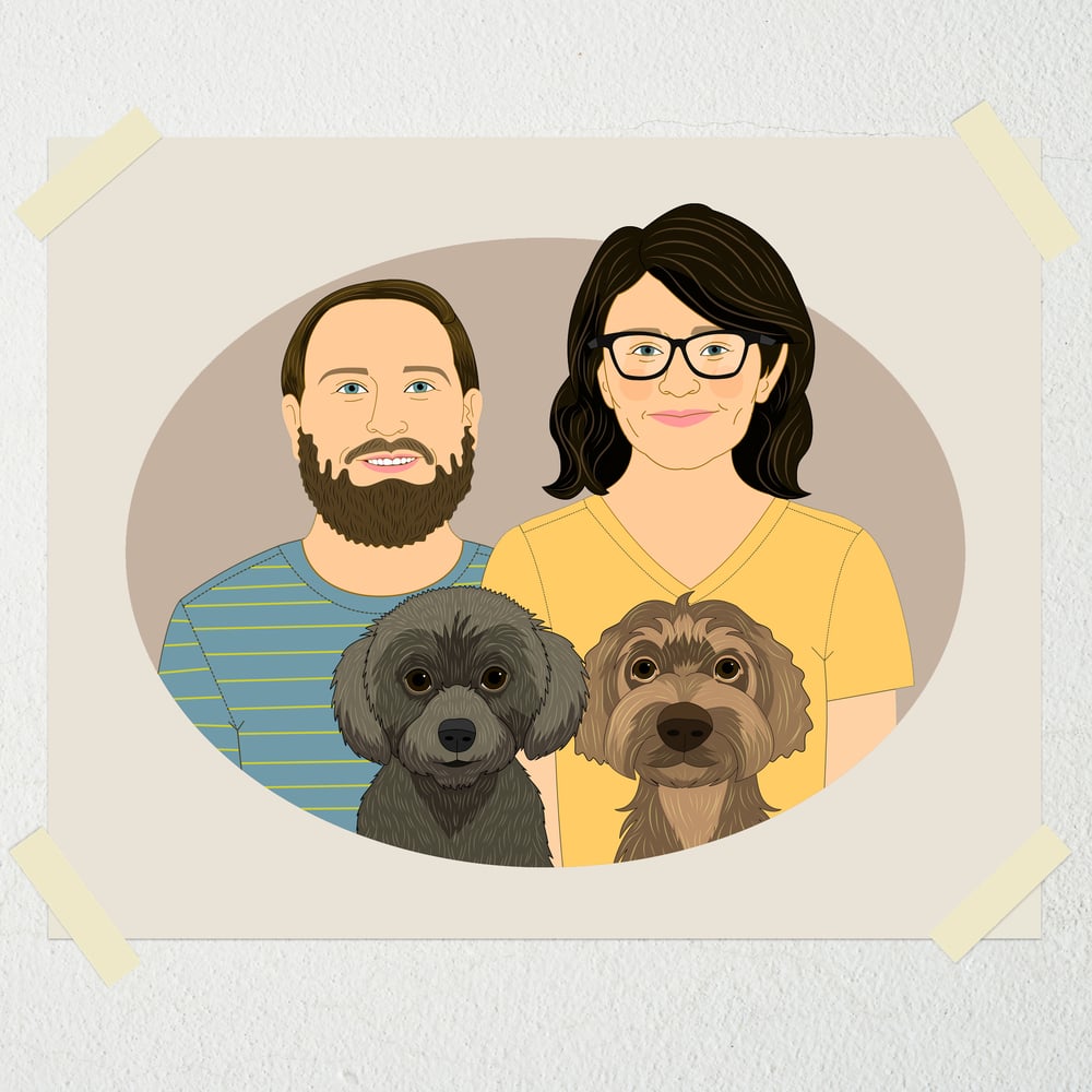 Image of Couple portrait with 2 dogs or cats