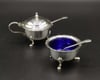 Antique Set Of Silver Plated Salt Cellar And Mustard Pot With Cobalt Blue Glass Liners