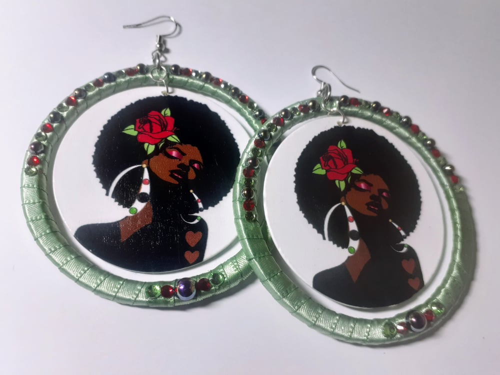 Image of Essence of Soul, Afrocentric, Wood, Rhinestone and Ribbon earrings