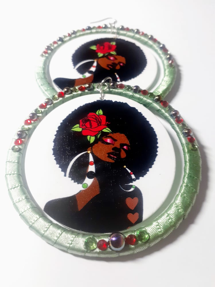 Image of Essence of Soul, Afrocentric, Wood, Rhinestone and Ribbon earrings