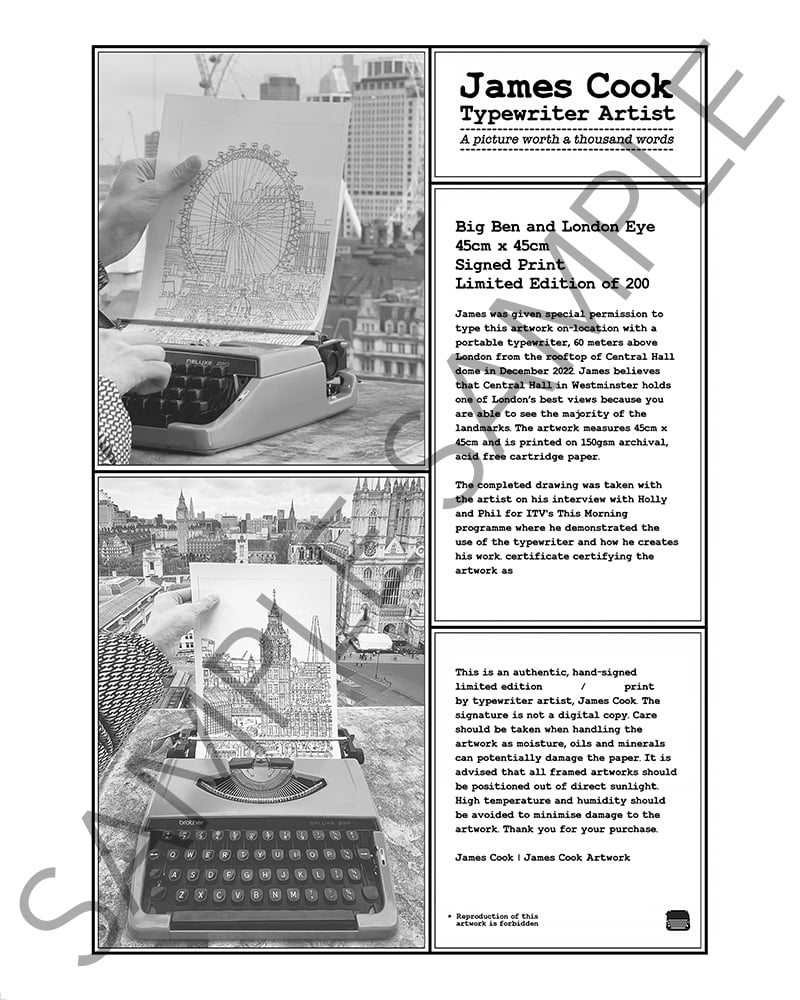 Image of Big Ben and London Eye, 45cm x 45cm, Signed Limited Edition of 200 Print Typewriter Art