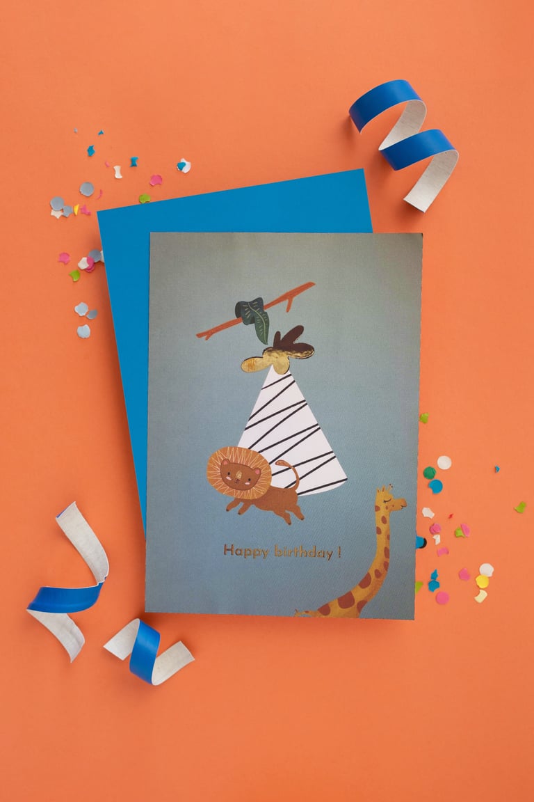Carte postale illustrée & dorée "Happy birthday kids" blue
