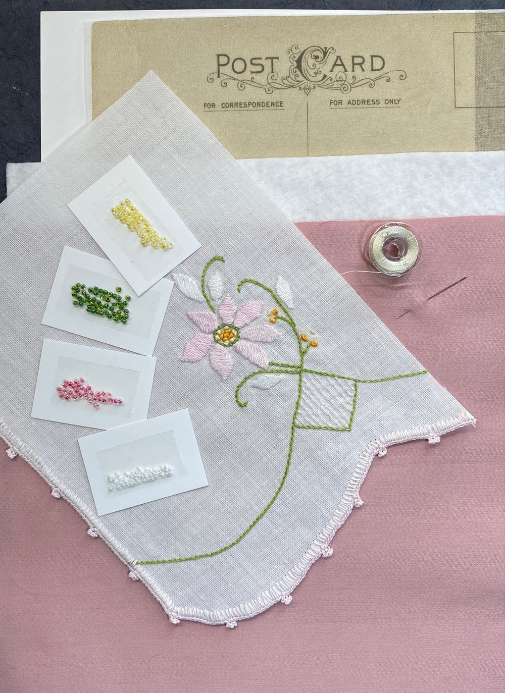 Image of Vintage Postcard Kit- Pink Floral Embroidered Dresser Scarf