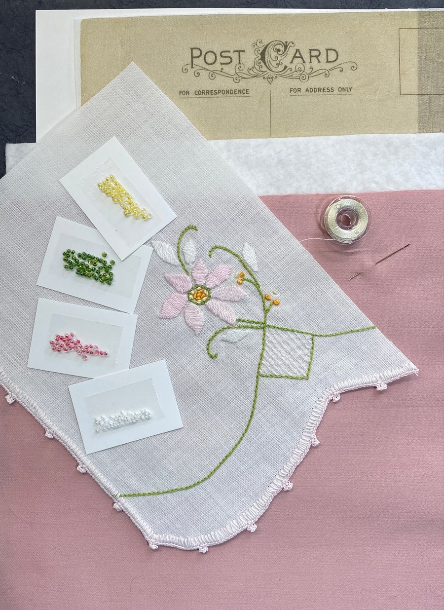 Image of Vintage Postcard Kit- Pink Floral Embroidered Dresser Scarf