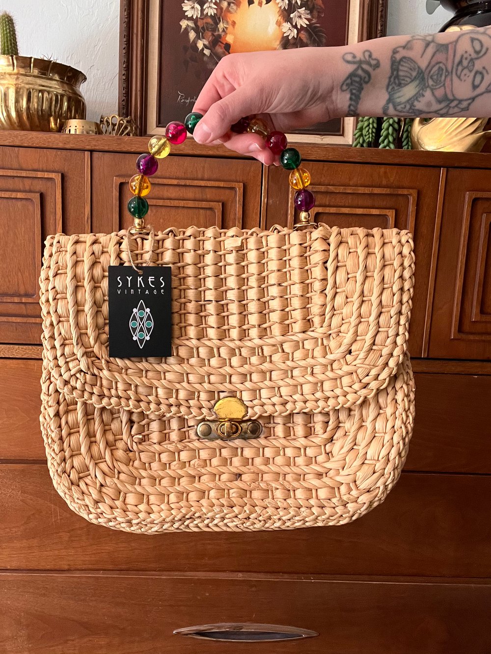 Woven Straw Purse with Beaded Handle