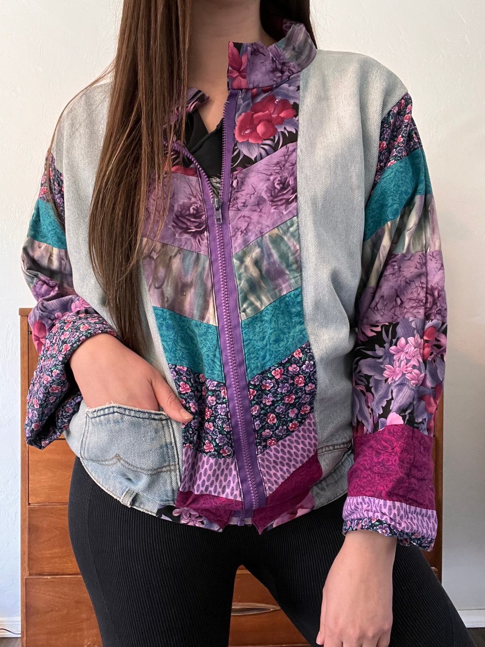 Vintage DIY Denim and Floral Fabric Jacket (L)
