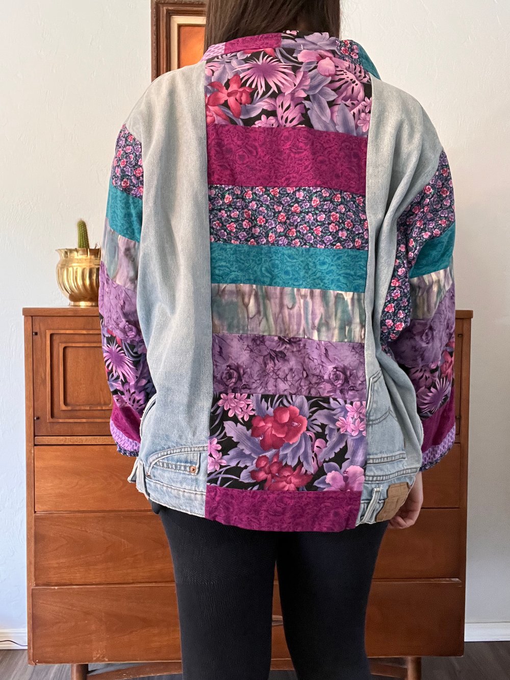 Vintage DIY Denim and Floral Fabric Jacket (L)