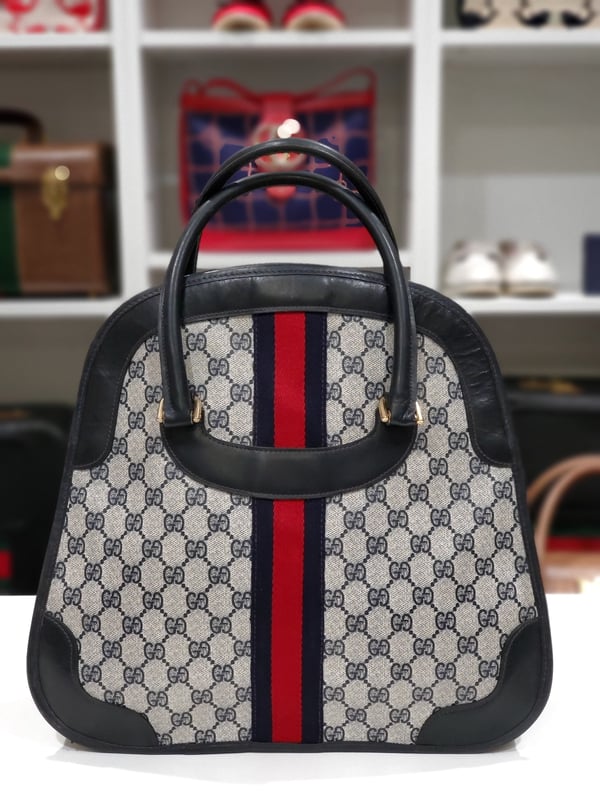 Image of Vtg. Gucci Blue Monogram Bowling Style Bag