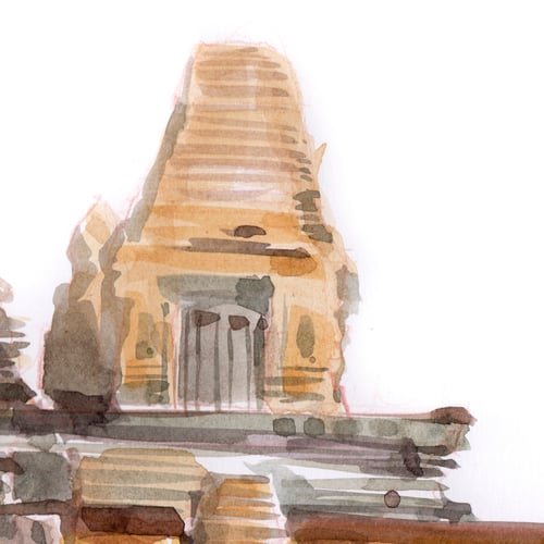 Image of Original Painting - "Coucher de Soleil au Temple Pre Rup" - Cambodge - 30x42 cm