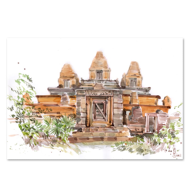 Image of Original Painting - "Coucher de Soleil au Temple Pre Rup" - Cambodge - 30x42 cm
