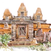 Image 2 of Original Painting - "Coucher de Soleil au Temple Pre Rup" - Cambodge - 30x42 cm