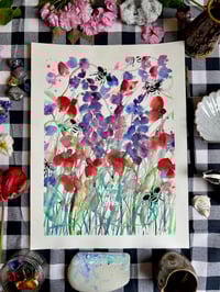 Image 1 of "Delphiniums & Lino-Cut Bees" Original