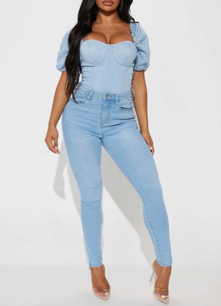 Image of Puff Sleeve Denim Bodysuit 