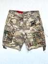 just for protection patched camouflaged cargo shorts 