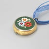 Micro Mosaic Pendant, made from a Vintage Brass Pillbox with green and floral design K0158