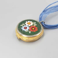 Image 4 of Micro Mosaic Pendant, Vintage Brass Pillbox with green and floral design K0158
