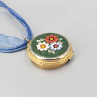 Image 2 of Micro Mosaic Pendant, Vintage Brass Pillbox with green and floral design K0158