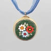 Micro Mosaic Pendant, made from a Vintage Brass Pillbox with green and floral design K0158