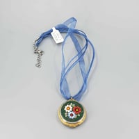 Image 5 of Micro Mosaic Pendant, Vintage Brass Pillbox with green and floral design K0158