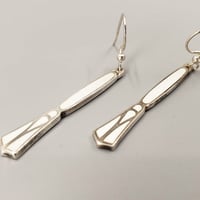 Image 3 of Deco Enameled Spoon Handle Earrings, Vintage Sterling Silver White Guilloche Spoons K0304