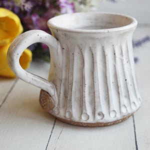 Image of Hand Carved Pottery Mug with Spring Flowers, 14 Ounce Rustic White Speckled Coffee Cup
