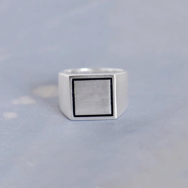 Image of 'Square Sky' silky polished black painted engraved solid framed 950 silver signet ring