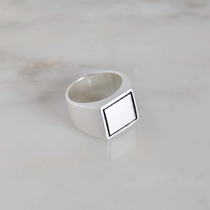 Image of 'Square Sky' silky polished black painted engraved solid framed 950 silver signet ring
