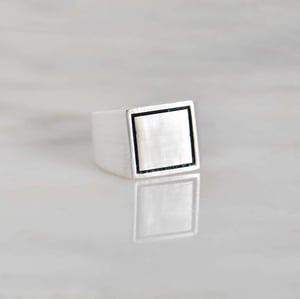 Image of 'Square Sky' silky polished black painted engraved solid framed 950 silver signet ring