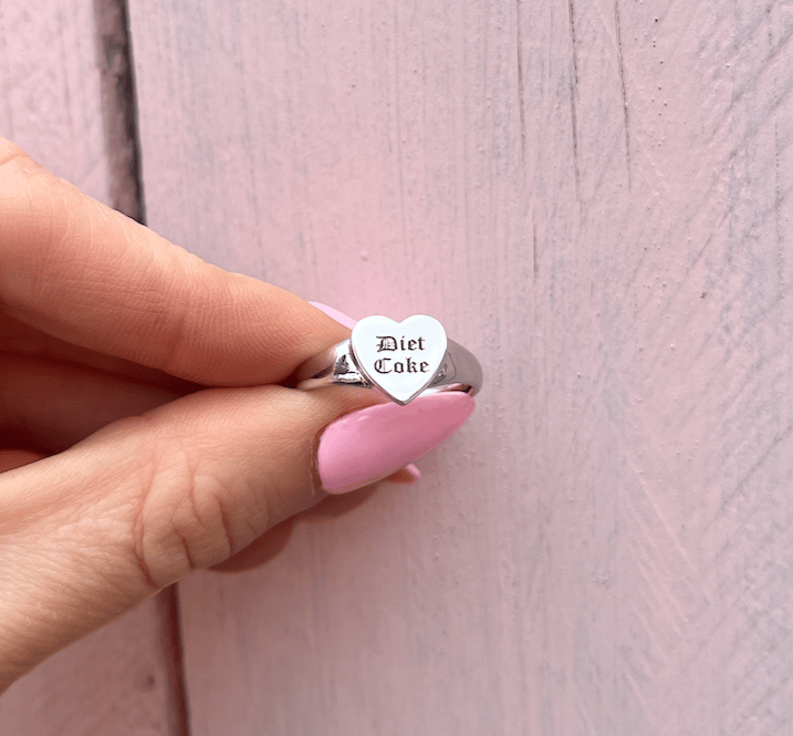 Diet Coke Rhodium Plated Sterling Silver Love Heart Signet Ring