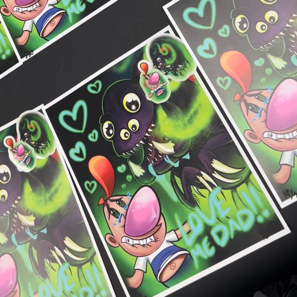 Image of LOVE ME DAD!! signed and numbered artist print + 2 limited edition stickers + 1 raffle ticket entry