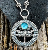 Image 3 of The Dancer ~ Sterling Silver Dragonfly Necklace with Belgium Teal Fluorite & Mother of Pearl Doublet