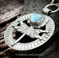 Image 4 of The Dancer ~ Sterling Silver Dragonfly Necklace with Belgium Teal Fluorite & Mother of Pearl Doublet