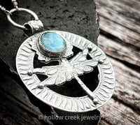 Image 5 of The Dancer ~ Sterling Silver Dragonfly Necklace with Belgium Teal Fluorite & Mother of Pearl Doublet