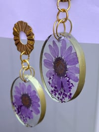 Image 1 of Gold Plated Earrings. Handmade/Painted with Real Flowers. Purple Daisy.